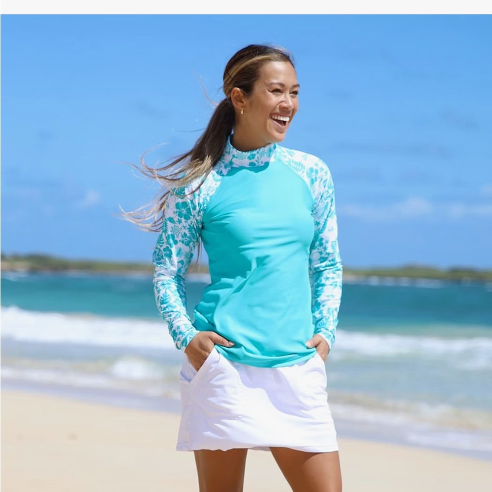 Skin Turquoise Swim Coverup with White Floral Raglan Sleeves Rash Guard